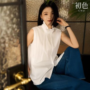 初色 簡約純色木耳邊立領無袖排扣背心上衣女上衣-共3色-18533(M-XL可選)