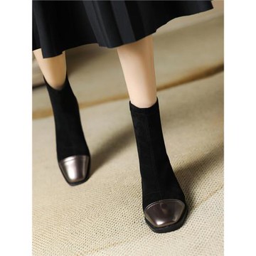 大碼低跟短靴女41一43方頭拼色絨面春秋單靴粗跟新款彈力瘦瘦靴40