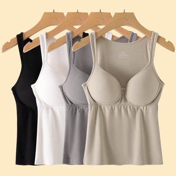 艾米戀德絨保暖內衣帶胸墊背心女秋冬免穿文胸一體加絨吊帶內搭無袖打底