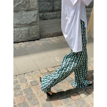 冰絲褲子女夏季薄款格子闊腿休閑雪紡涼涼抖抖空調防曬遛彎褶皺褲