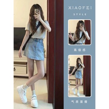 夏季日女裝2025爆款超火減齡ootd穿搭配一整套牛仔短裙子兩件套裝