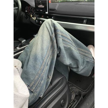 獵璞牛仔褲男士潮流寬松褲子男生冬季水洗直筒褲新款美式彎刀長褲