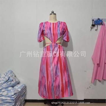 2025外貿印花女士性感優雅輕熟新款跨境電商亞馬遜圓領長款連衣裙