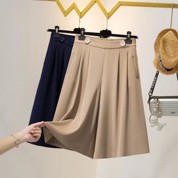 品牌清倉新款大碼女休閑西裝短褲寬松顯瘦松緊高腰五分垂感闊腿褲