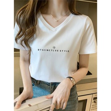 v領t恤女純棉寬松白色短袖正肩上衣2025夏季新款體恤設計感小眾薄