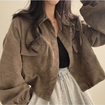 燈芯絨外套女秋季2024新款灰色開衫襯衫女短款小眾黑色襯衫上衣女