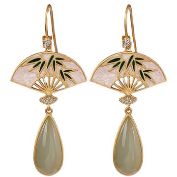 RJ New York 平安扇青玉中國風復古耳環(金色)
