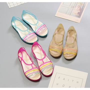 夏季彩虹涼鞋低跟平底柔軟防滑果凍鞋魚嘴露趾休閑拼色鏤空沙灘鞋
