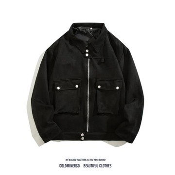 設計感拉鏈排扣麂皮絨夾克男潮牌高街痞帥寬松休閑機能風工裝外套