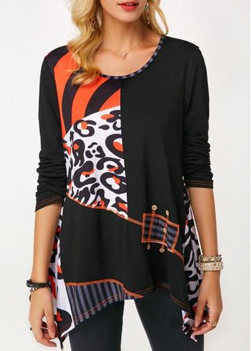 Round Neck Asymmetric Hem Printed Blouse