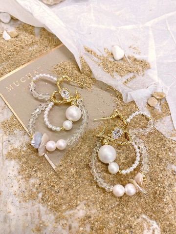 奔向有你的時空。MUCHAT手作14KGP鏤空愛心水晶珍珠純銀針耳環