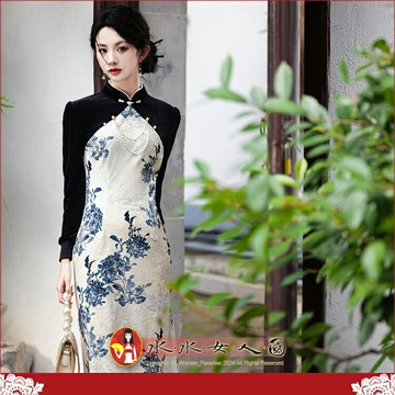 新中式長袖改良素雅絲絨長款旗袍秋冬復古中國風優雅印花高端氣質年輕款少女連身裙洋裝日常可穿-花之舞(藍花)-水水女人國