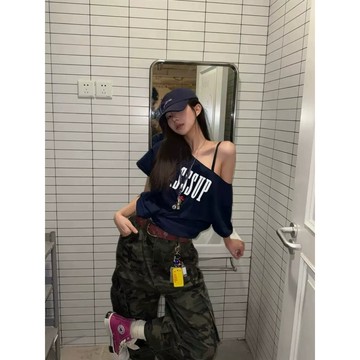 Muun Studio斜肩短袖寬松辣妹風一字肩夏季露肩上衣