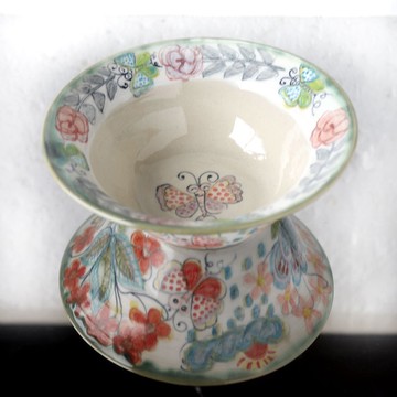 花與蝴蝶手繪寬邊大缽 陶製深盤