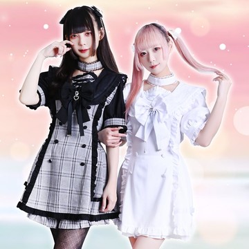 原創量產型浪漫序章格紋領結水手服雙排扣短袖洋裝短褲套裝JJ2542