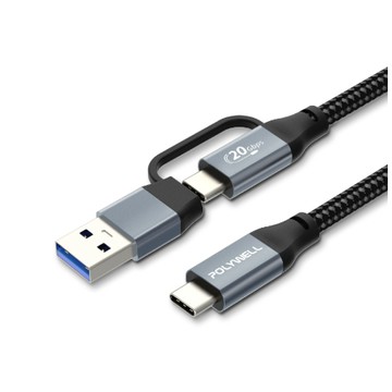 POLYWELL USB-C To C+USB 二合一PD編織快充傳輸線 Gen2 100W 1米 寶利威爾