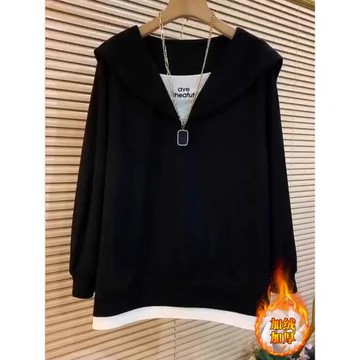 2025秋冬新款女士衛衣加絨加厚爆款假兩件上衣大碼女裝胖mm遮肚子