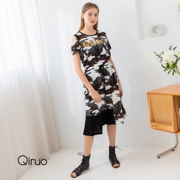 【Qiruo 奇若】春夏專櫃咖啡迷彩洋裝8108F時髦休閒旅遊款
