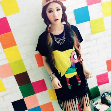 古著 獨角彩色馬潑墨側口袋流蘇上衣