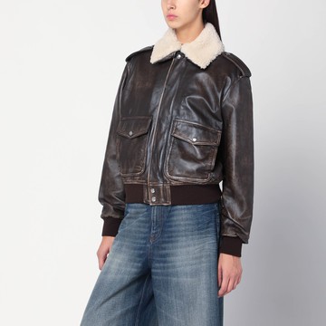 Brown leather bomber jacket with shearling collar