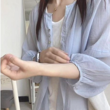 多巴胺穿搭~天絲襯衫女 疊穿 冰涼外搭開衫 燈籠袖 寬鬆遮肉顯瘦 防曬長袖襯衣 鬆弛感 通勤休閒外套 薄款外套