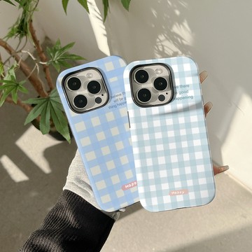 ins藍白格子適用iphone16手機殼15pro菲林二閤一蘋果13防摔14套