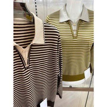 福利款氣質翻領春秋針織衫女初秋2023年新款洋氣媽媽裝條紋上衣薄