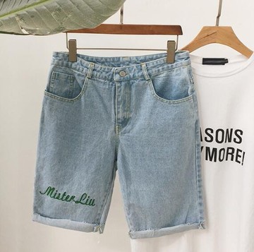 FINDSENSE MD 韓國 時尚潮 男 休閒寬鬆 褲腳字母刺繡 牛仔短褲 休閒短褲 五分褲 沙灘短褲