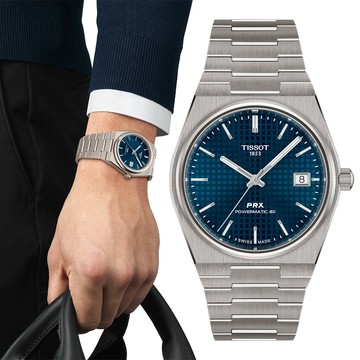 TISSOT 天梭 PRX系列 復刻款酒桶形鈦金機械錶/藍/38mm/T1378074404100