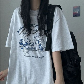 Vuja de 純棉 t恤 短袖上衣女 人物印花 T恤 韓國上衣 oversize T恤 寬鬆上衣 ins風 潮流衣服