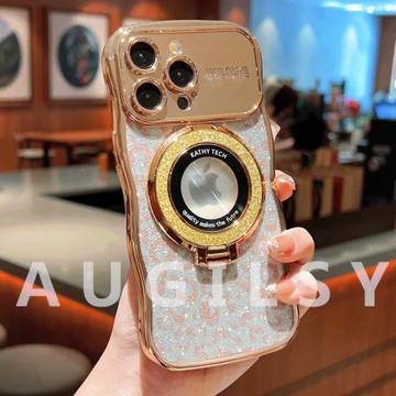 高級感豹紋閃粉帶支架15proMax手機殼蘋果13保護套適用iPhone14時尚12全包鏡頭膜11磁吸16plus小眾不撞款防摔