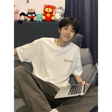 夏季短袖t恤男士重磅純棉青少年簡約潮流痞帥寬松學生半截袖體恤