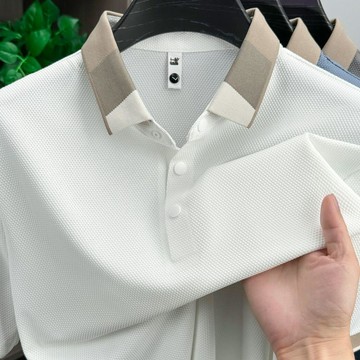 男士大尺碼POLO衫 商務休閒短袖上衣 新款夏季男士短袖T恤按鈕純色POLO衫商務簡約輕奢翻領半袖上衣男0809