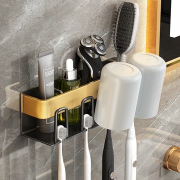 韻潔雅 牙刷架黑色太空鋁無痕免打孔漱口杯架 刮鬍刀架 漱口杯架 浴室收納 浴室置物架 收納架