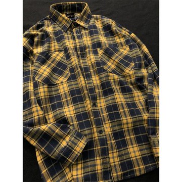 美式復古格子襯衫男黃格上衣女春秋季男生黃色格格襯衣男款外套衫