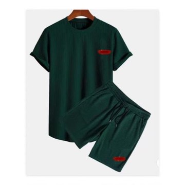 包邊圓領套裝男夏季條紋休閑套裝圓領男士短袖運動時尚寬松兩件套