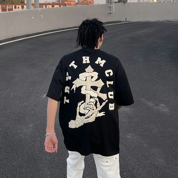A Knife國潮美式高街暗黑系十字架發泡印花t恤男痞帥潮流寬松短袖