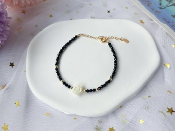 【墨雪】天然白貝母玫瑰 黑尖晶 14K包金設計款手鍊