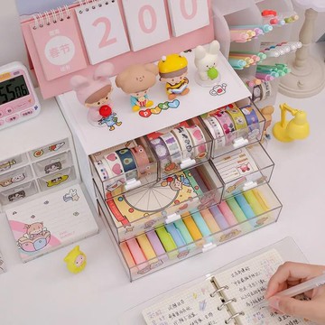 1BEI✨ ins少女心桌面收納盒抽屜式 可愛學生宿舍置物架手賬膠帶文具收納