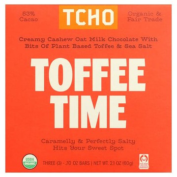 TCHO, Toffee Time，含植物基太妃糖碎和海鹽的燕麥奶巧克力，53% 可可，3 條，每條 0.70 盎司