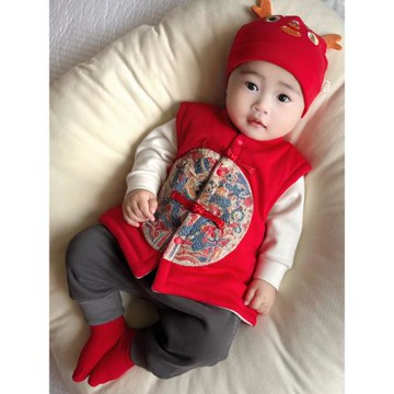 寶寶冬季夾棉馬甲嬰兒保暖加厚背心中國風紅棉襖滿月周歲百天外套