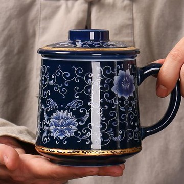 青花瓷茶杯過濾泡茶辦公杯大號杯子家用琺瑯彩水杯陶瓷帶蓋老板杯