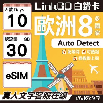 LINKGO白鑽卡 歐洲8國 eSIM卡 10天上網卡 總流量30GB (歐洲網卡 法國 瑞典  奧地利 英國)