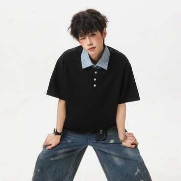 【美式男款】美式假兩件撞色格紋拼接POLO上衣