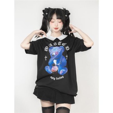 日單穿搭暗黑哥特原宿風亞比甜酷少女大碼娃娃領短袖長T恤