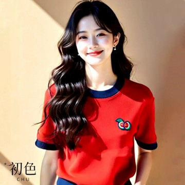 初色 撞色圓領水果印花短版短袖針織衫上衣女上衣-紅色-11090(F可選/現貨+預購)