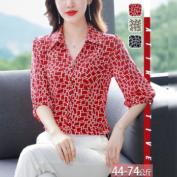 翻領幾何虛線印花雙車線口袋上衣+別針(3色) M-3XL【832261X】【現+預】☆流行前線☆