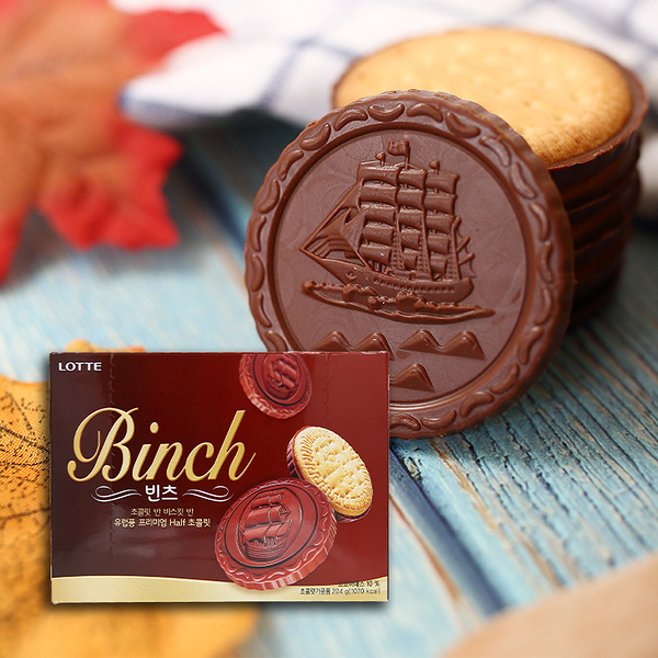 韓國 LOTTE 樂天 BINCH 金幣 巧克力 巧克力餅乾 帆船餅乾 204g【庫奇小舖】
