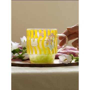 藍蓮花家居玻璃杯女高顏值疊疊杯帶把手水杯家用耐熱杯子高硼硅