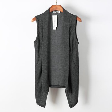 春夏新款男士馬甲潮流修身開衫純色翻領無袖披肩中長款披風外套薄